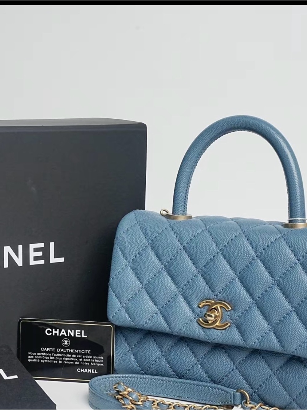CHANEL Quilted Top Handle Satchel in Dusty Blue with Gold Hardware